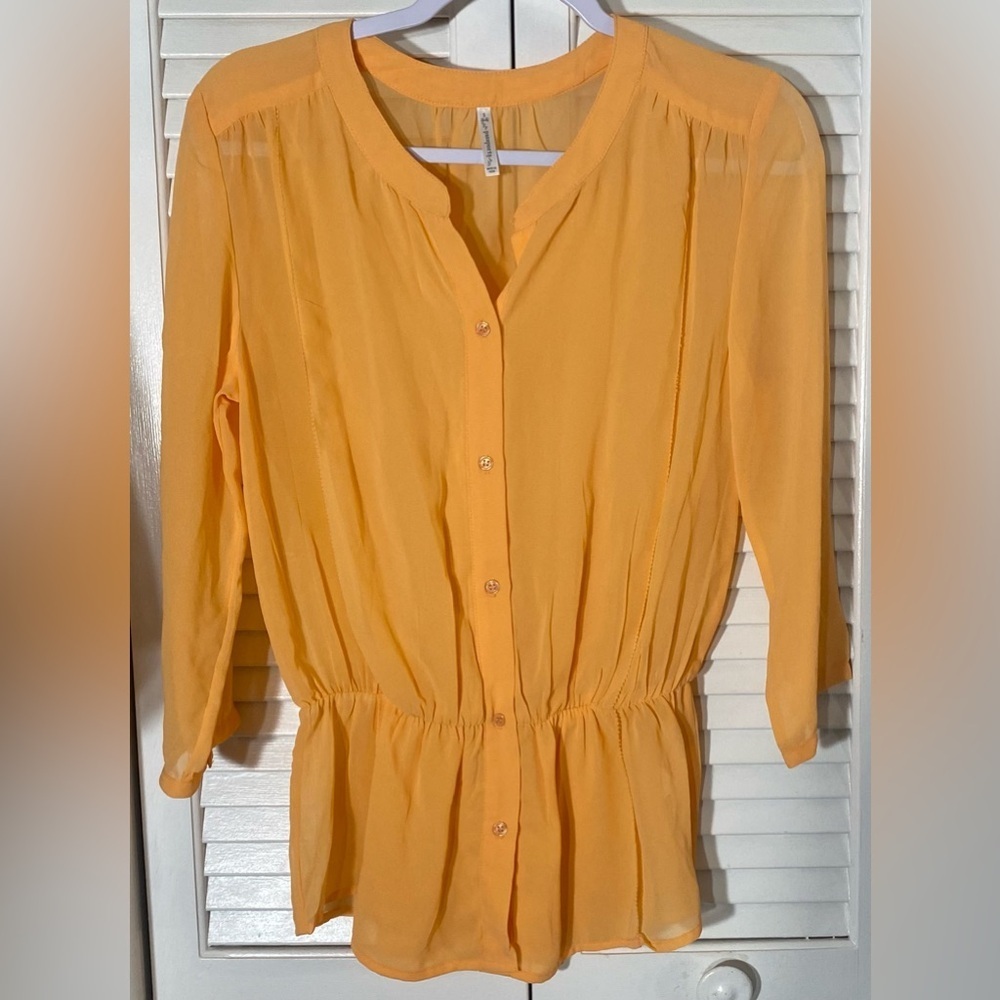 Passports New York & Company Orange Semi-sheer Button Up Top, Sz S, 3/4 Sleeves